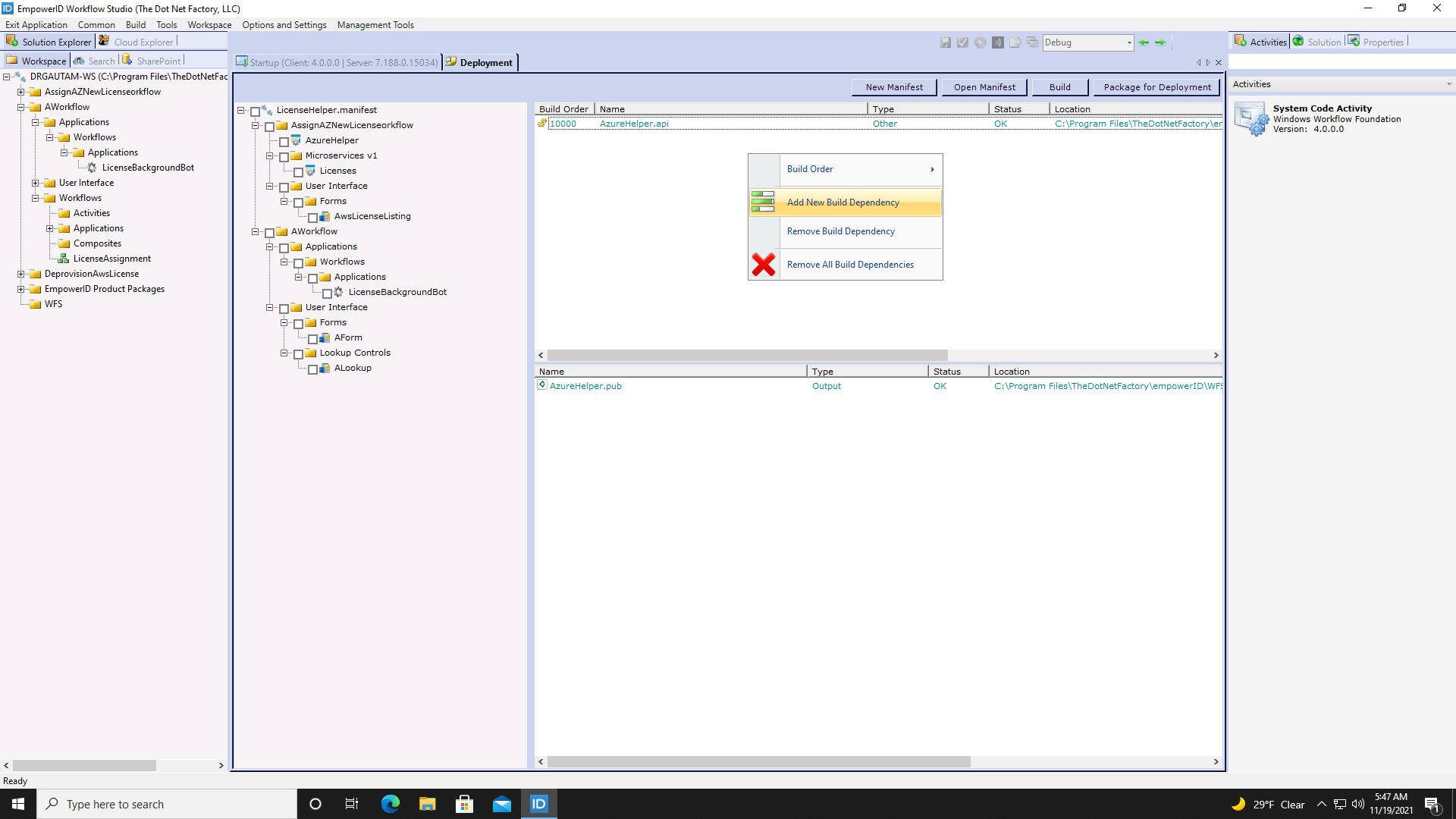 Add new build dependency menu