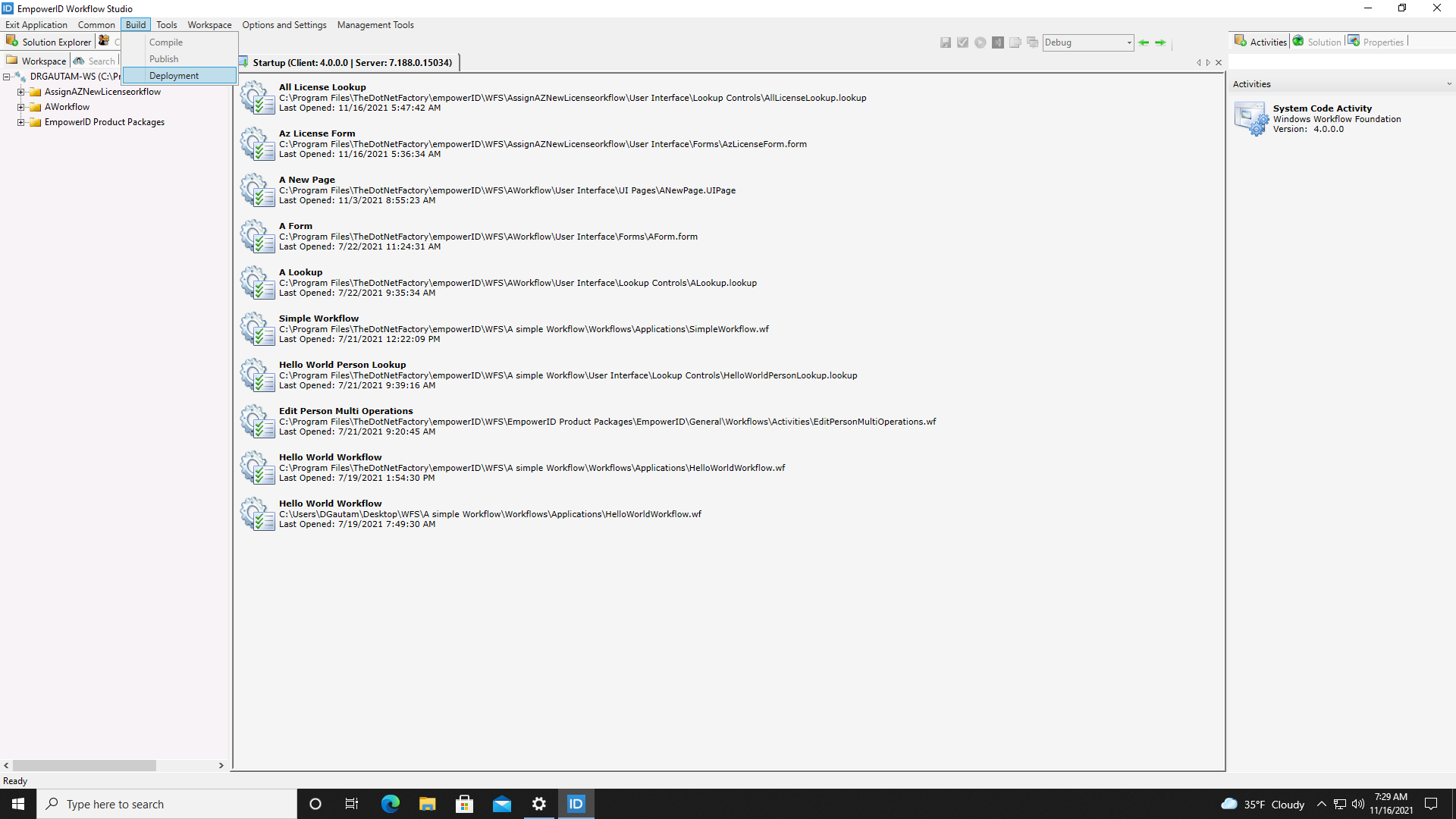 Build deployment menu