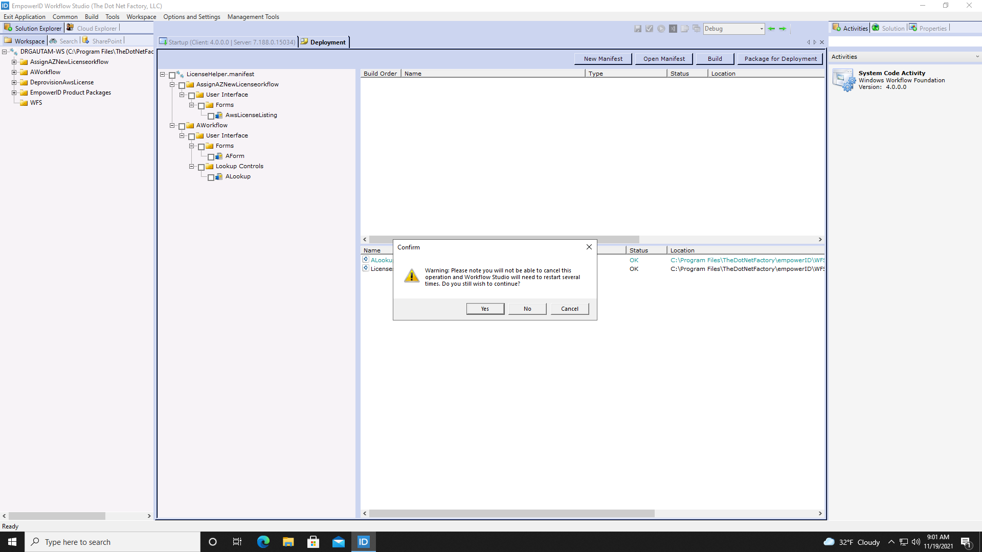 Build confirmation dialog