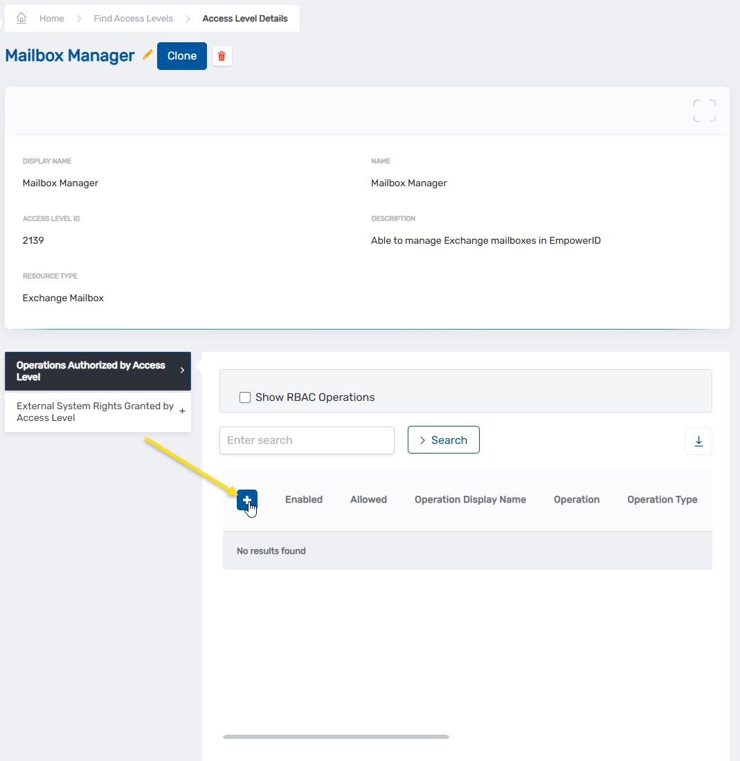 Add New button in the Operations Authorized by Access Level section