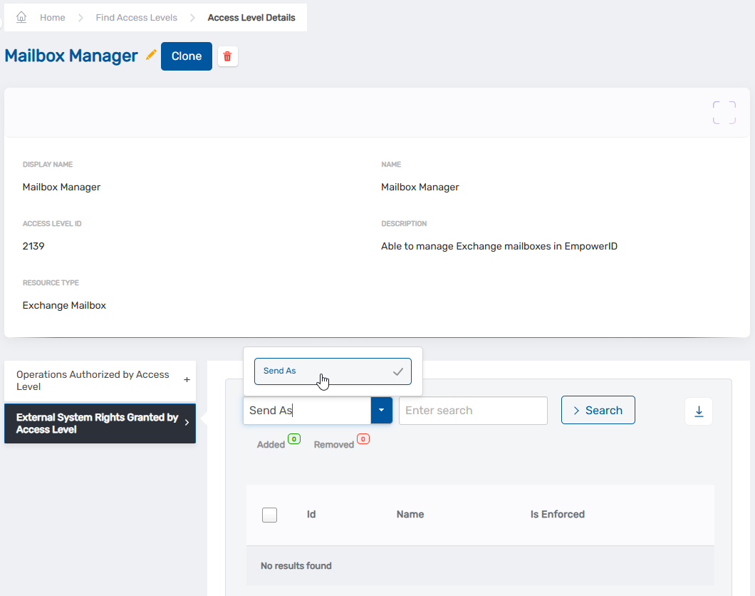 Access Level Details Page Select External System Right