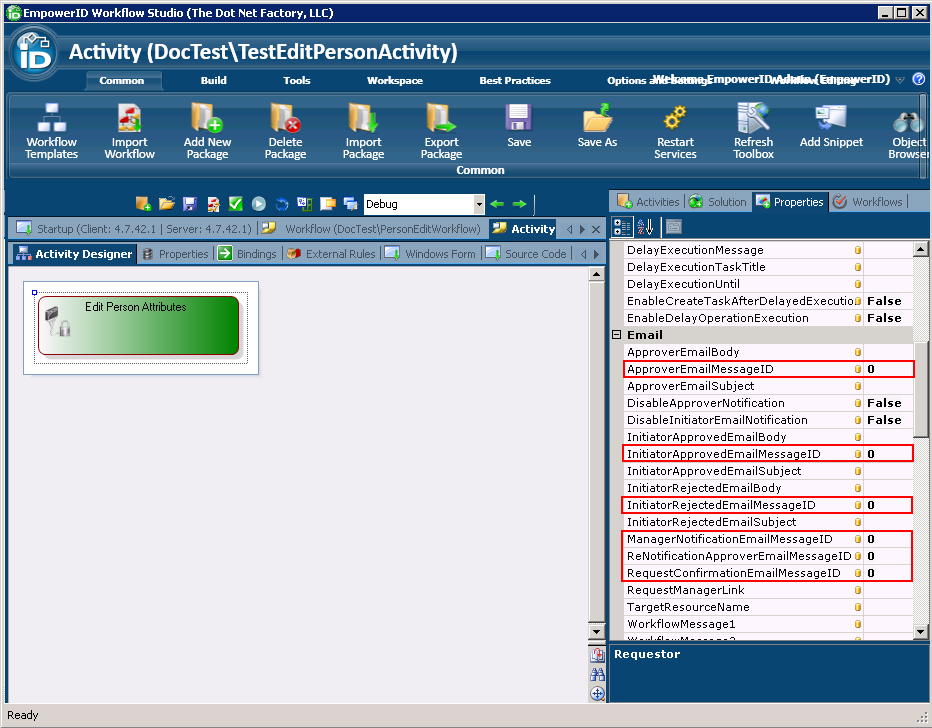 Activity email properties