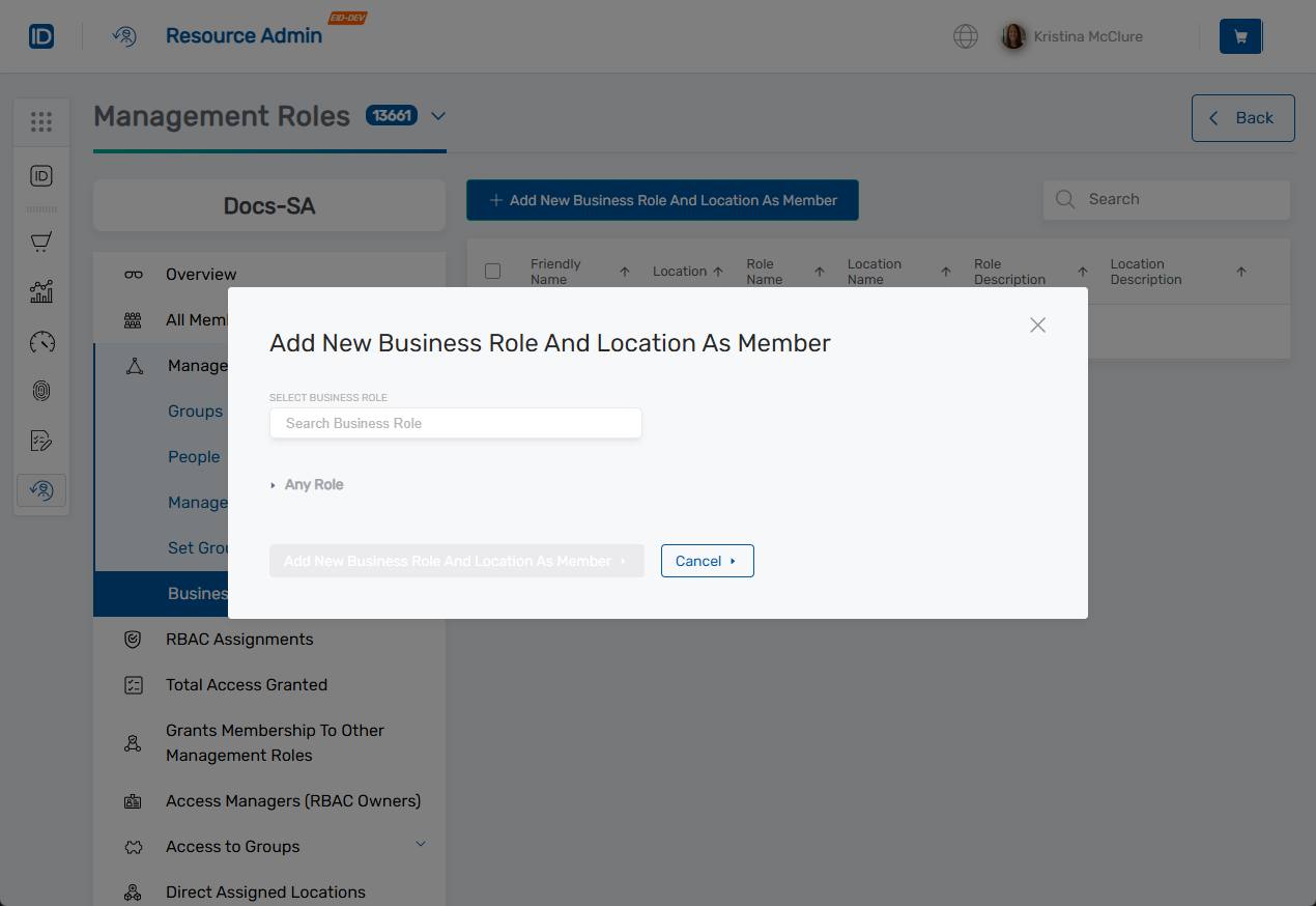 Add Business Role and Location Search Modal