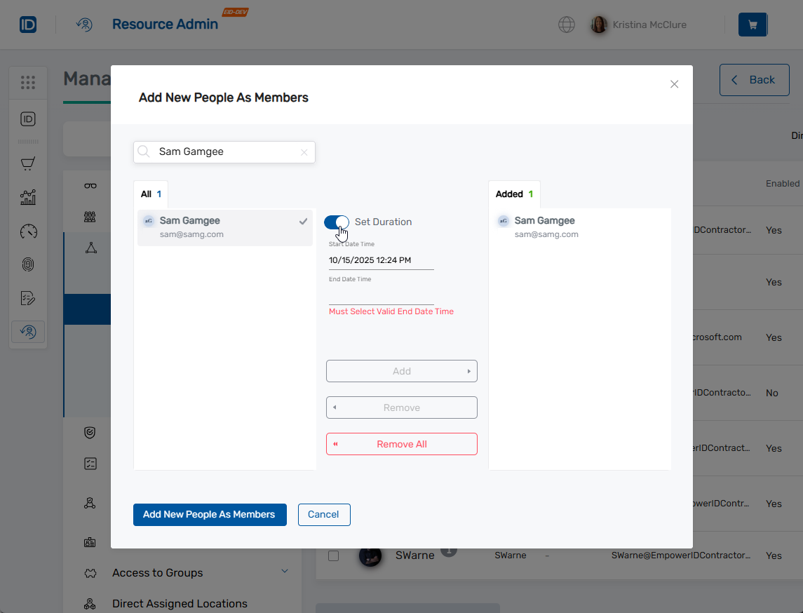 Add People Search Modal Set Duration