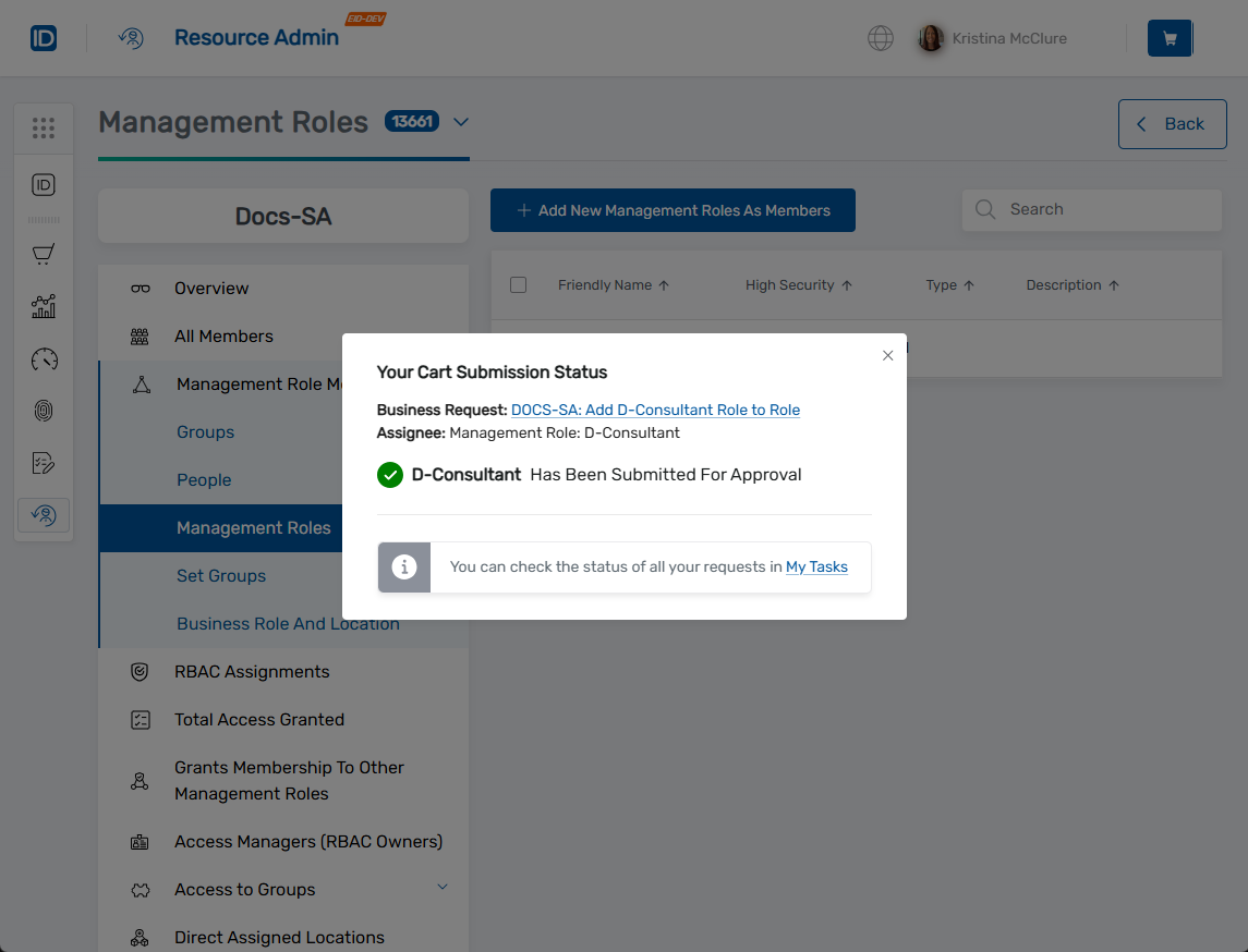Add Role to Management Role Status Modal