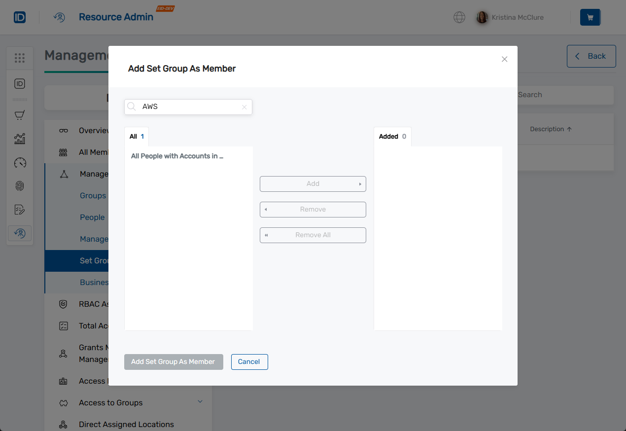Add Set Group Search Modal
