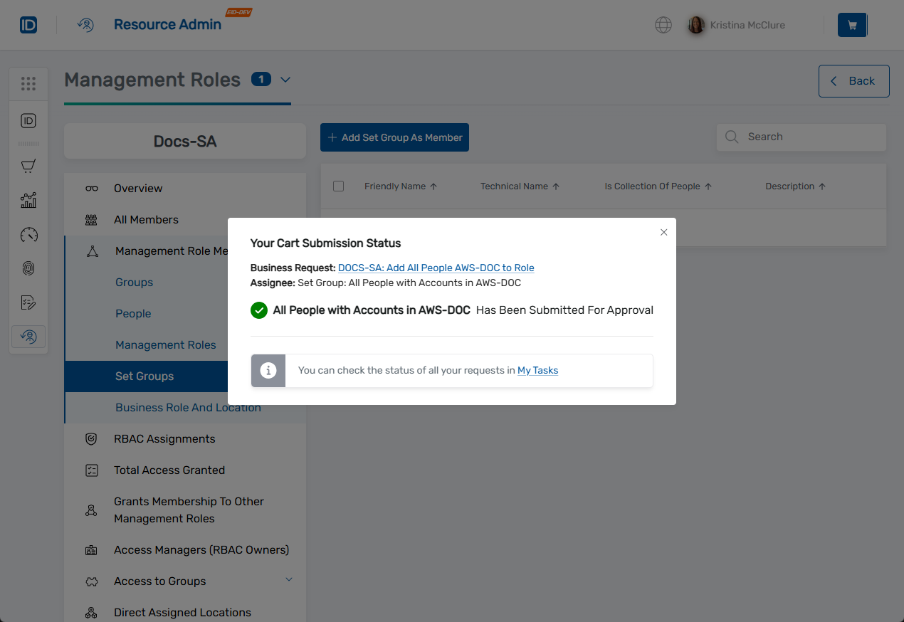Add Set Group to Management Role Status Modal
