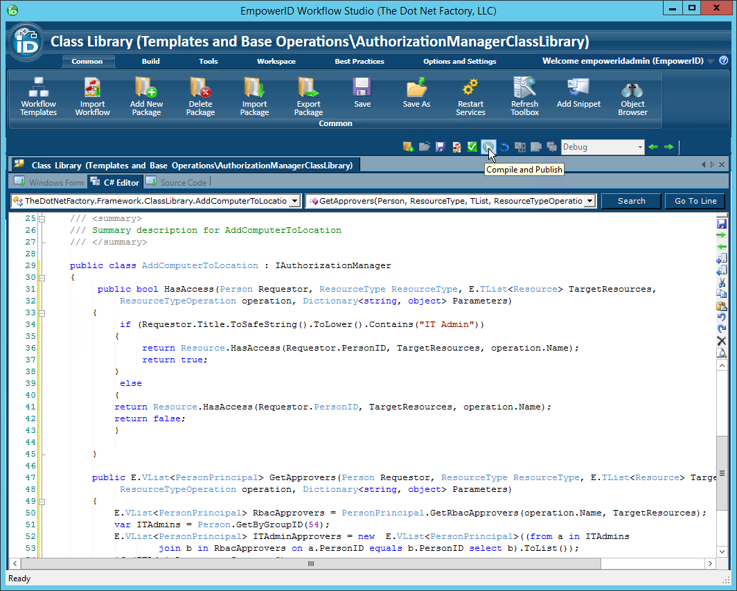 Authorization manager class compile and publish