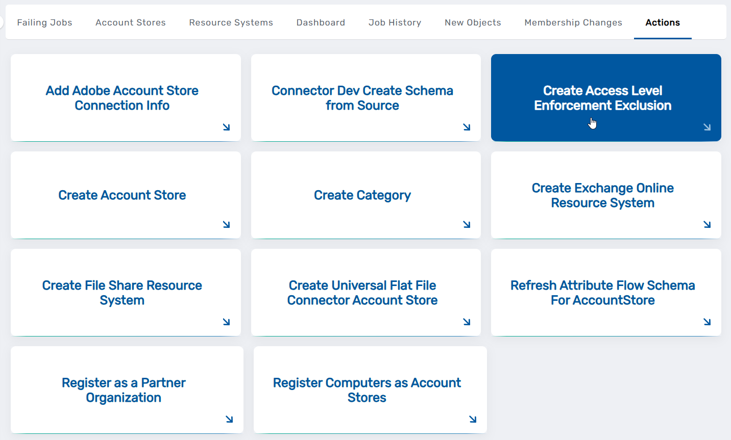 Actions tab showing Create Access Level Enforcement Exclusion