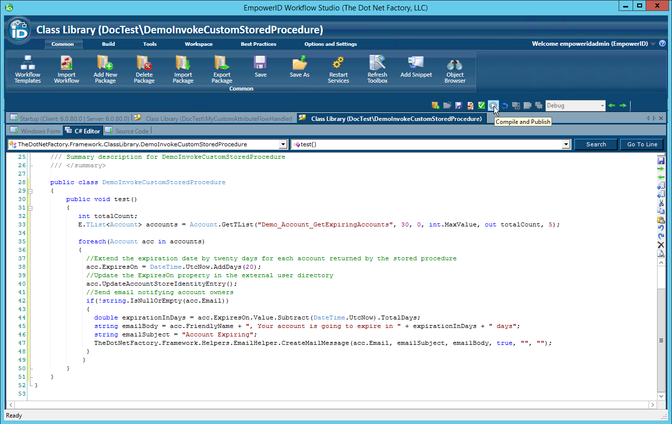 Demo stored procedure compile and publish button