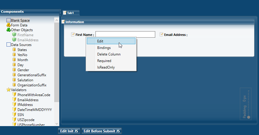 Edit field context menu