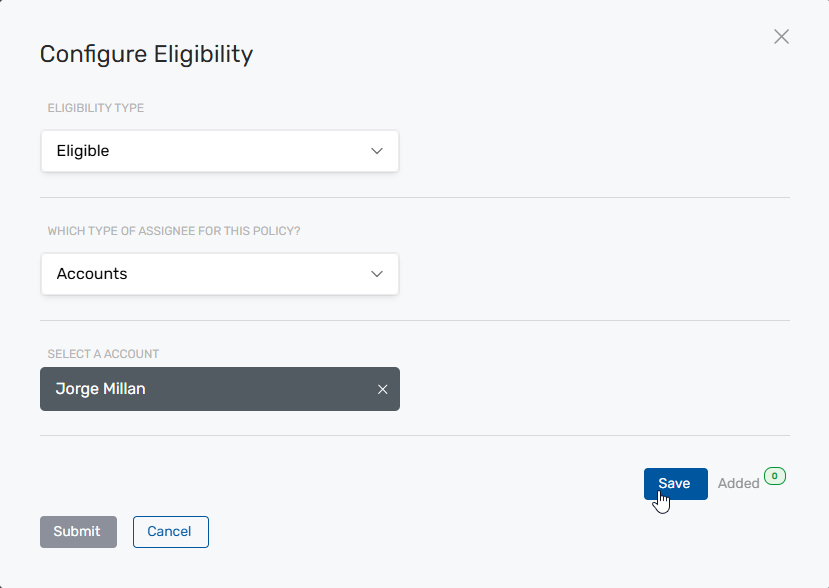 Eligibility Modal Save Selection