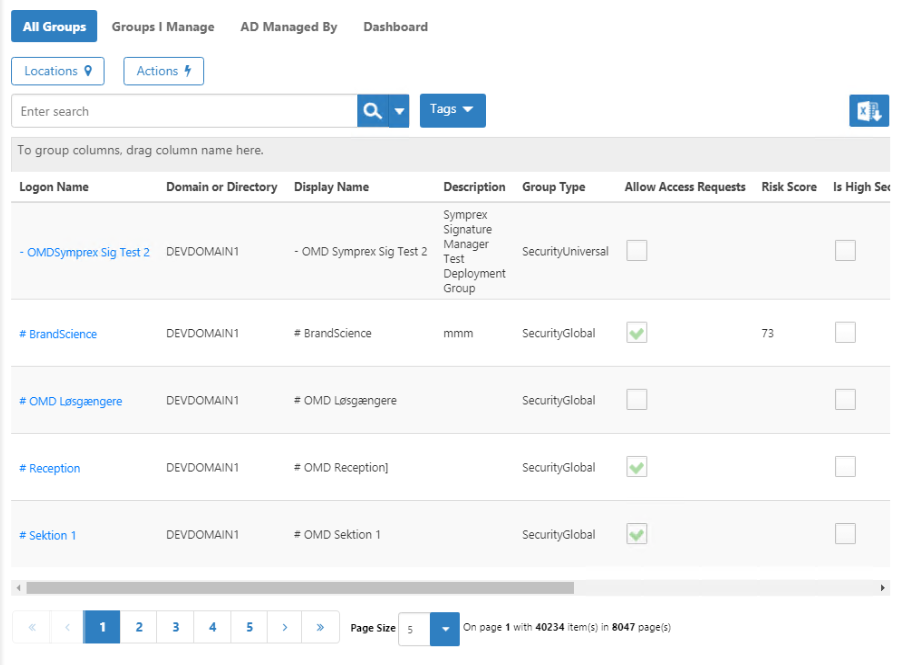 Existing Groups page