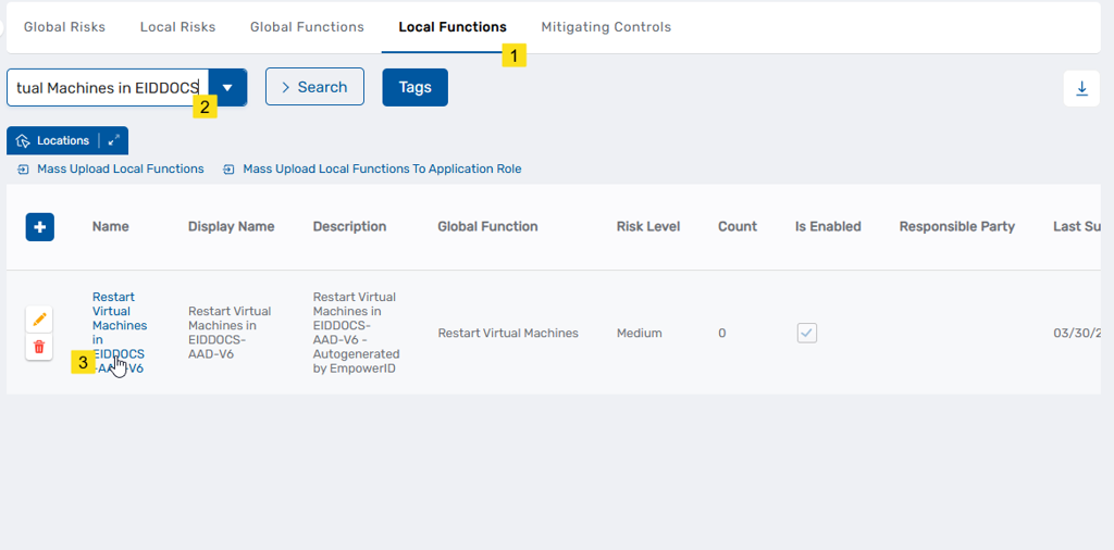 Local Functions list showing Name link