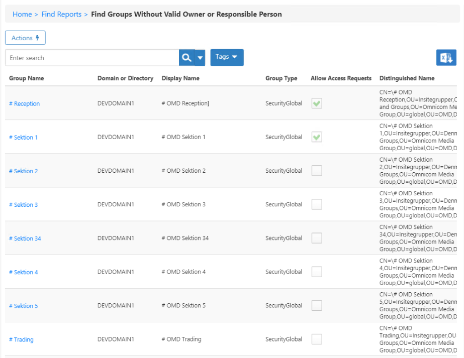Report results showing objects without responsible parties