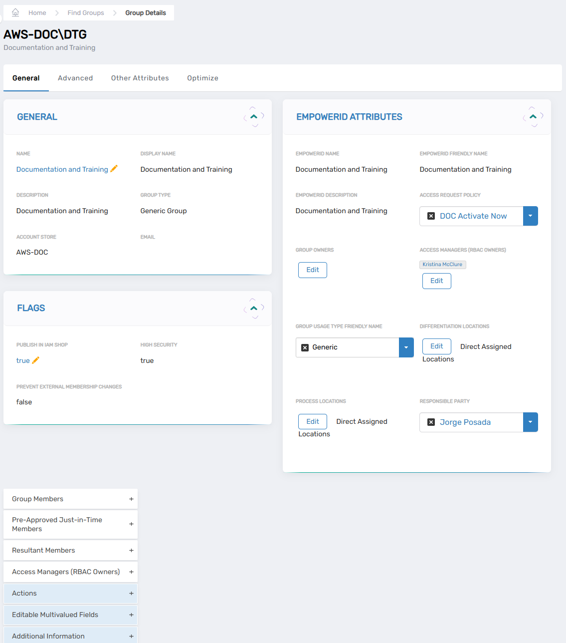 General tab with group information cards and management accordions