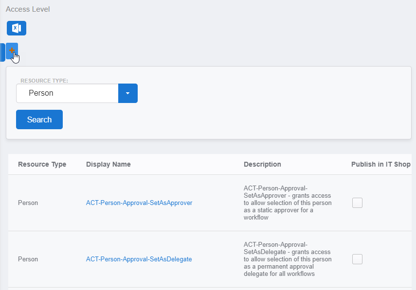 Add button on the Access Level page