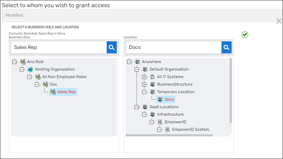 Business Role and Location selection interface