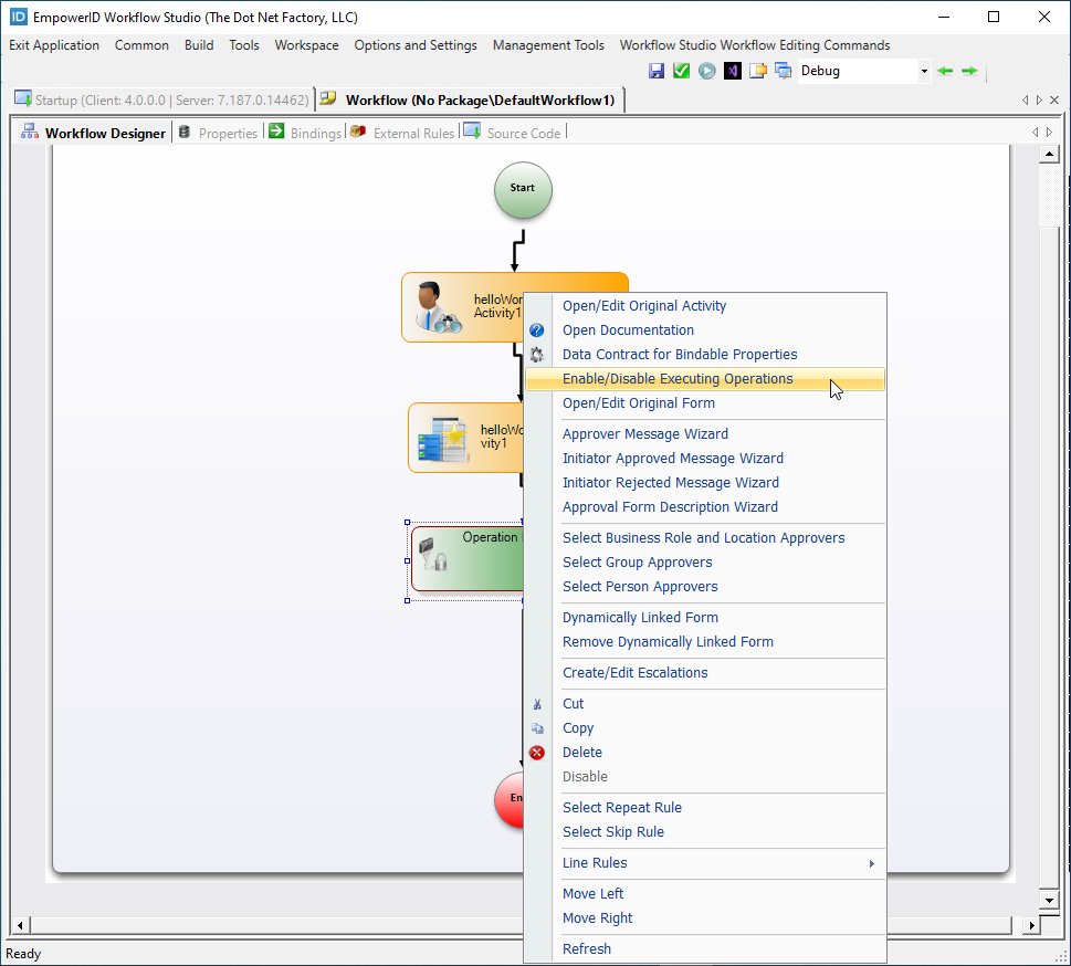 Enable operations menu