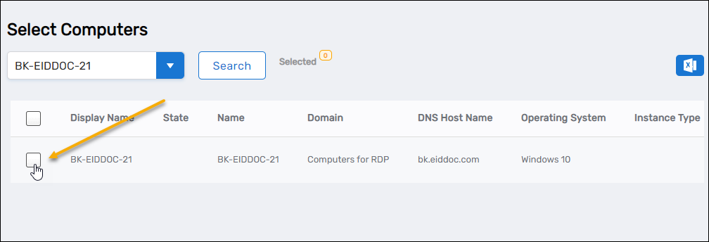 Computer Lookup dialog showing search results and checkbox selection