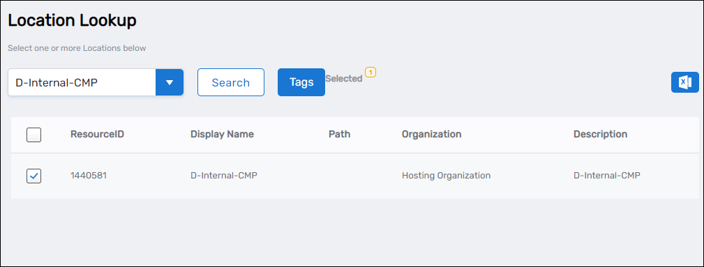 Location Lookup dialog showing available organizational locations