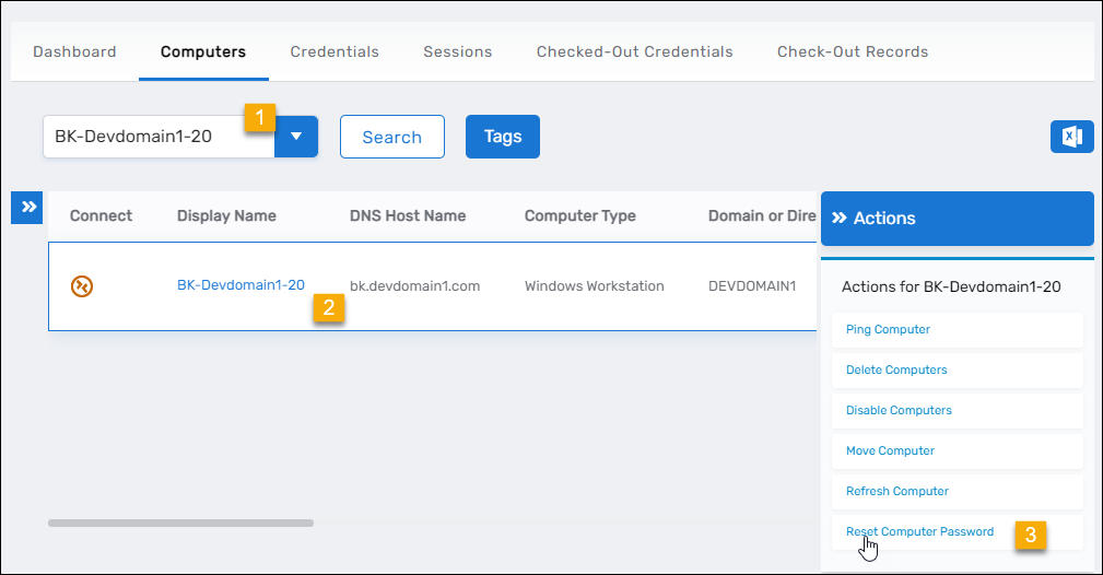 Reset Computer Password action link in the Computers page