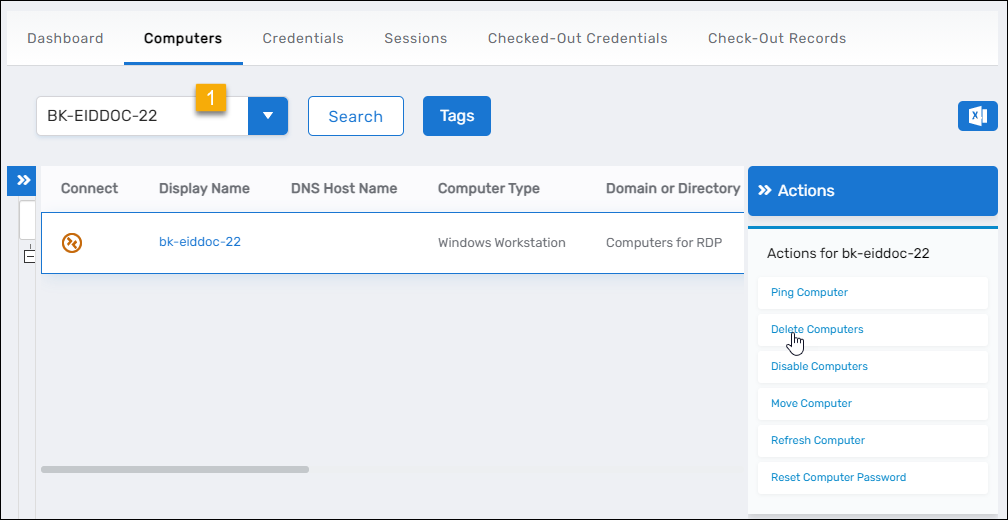 Delete Computers action link in the Computers page