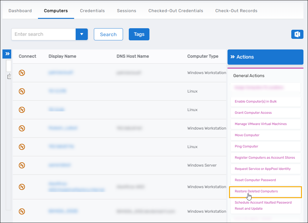 Restore Deleted Computers action link in the Computers page