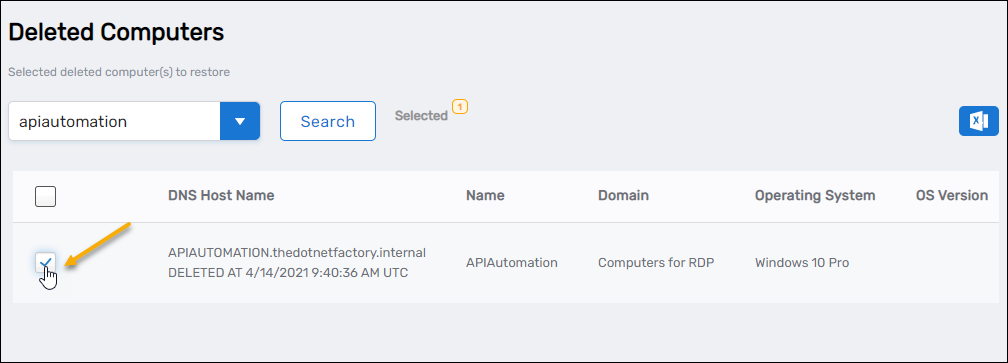 Deleted computers lookup showing computers available for restoration
