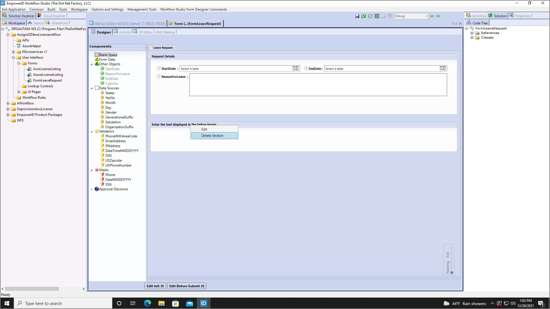 Delete section context menu