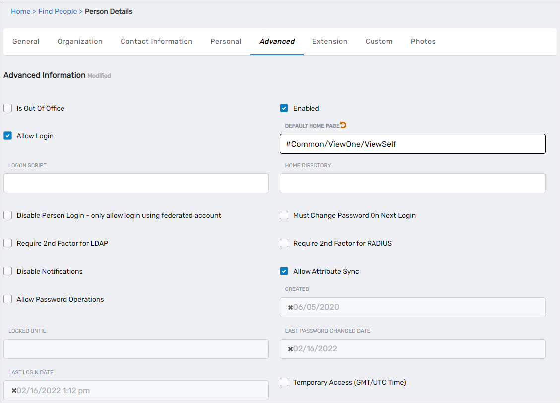 Default Home Page field on person