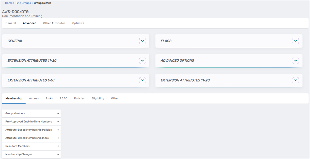Advanced tab with detailed group information