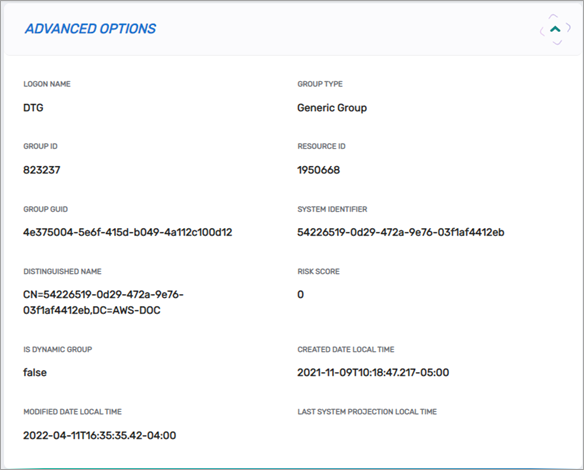 Advanced Options card showing Group GUID