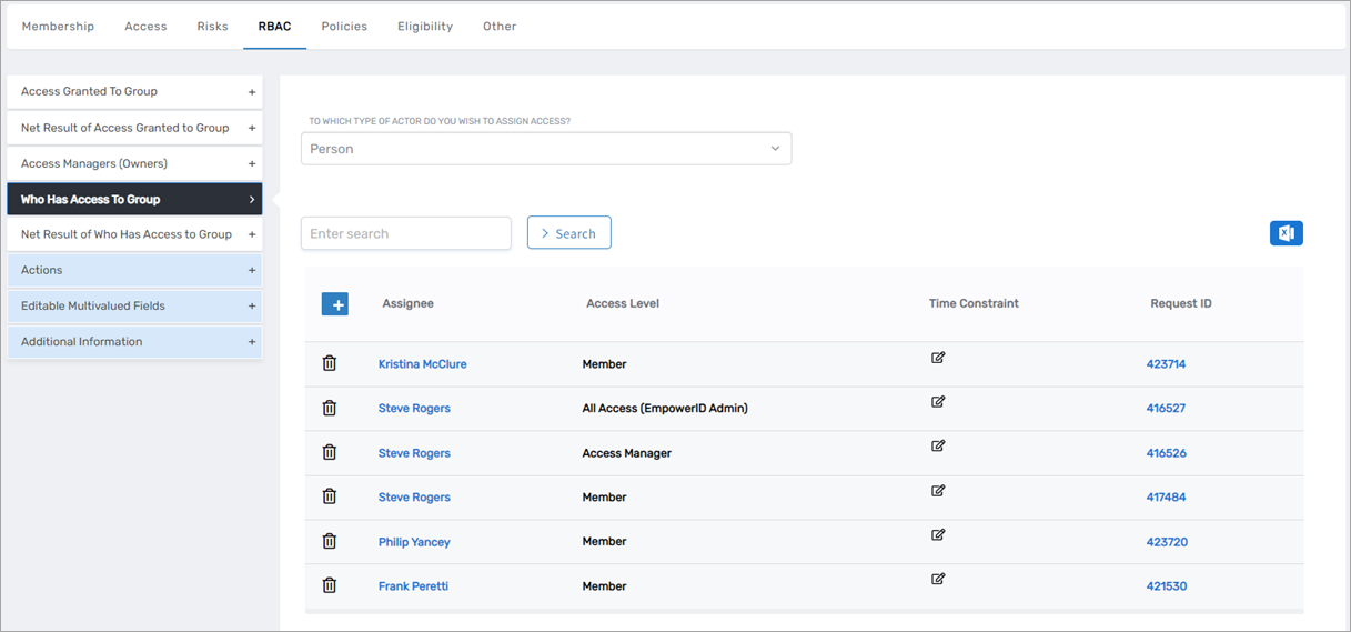 RBAC subtab showing role-based access information