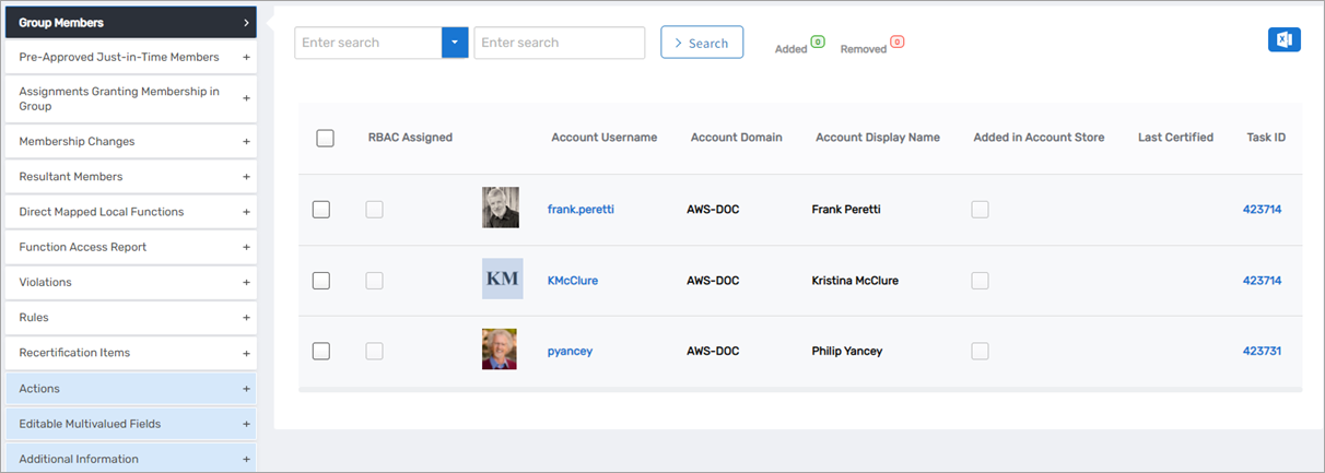 Group Members accordion with management options