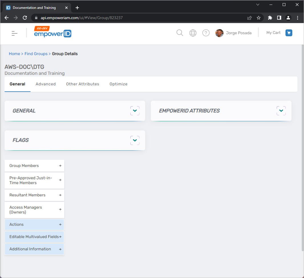 View One Group page showing tabs and management options