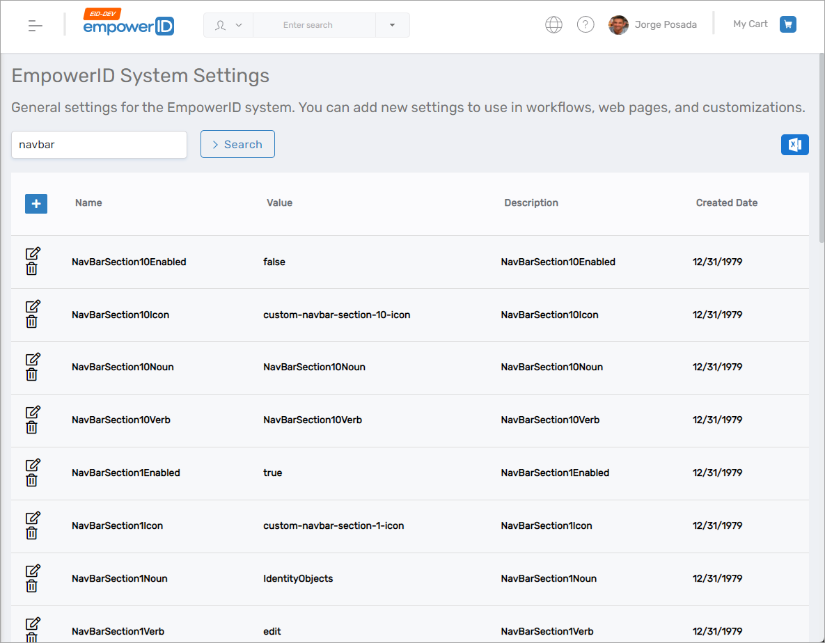 Navbar settings search results