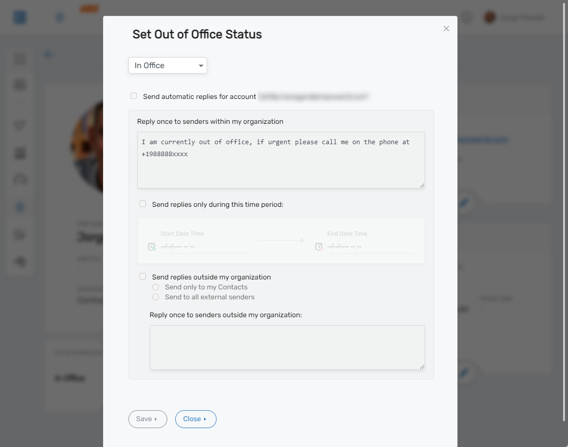 Out of Office Dialog