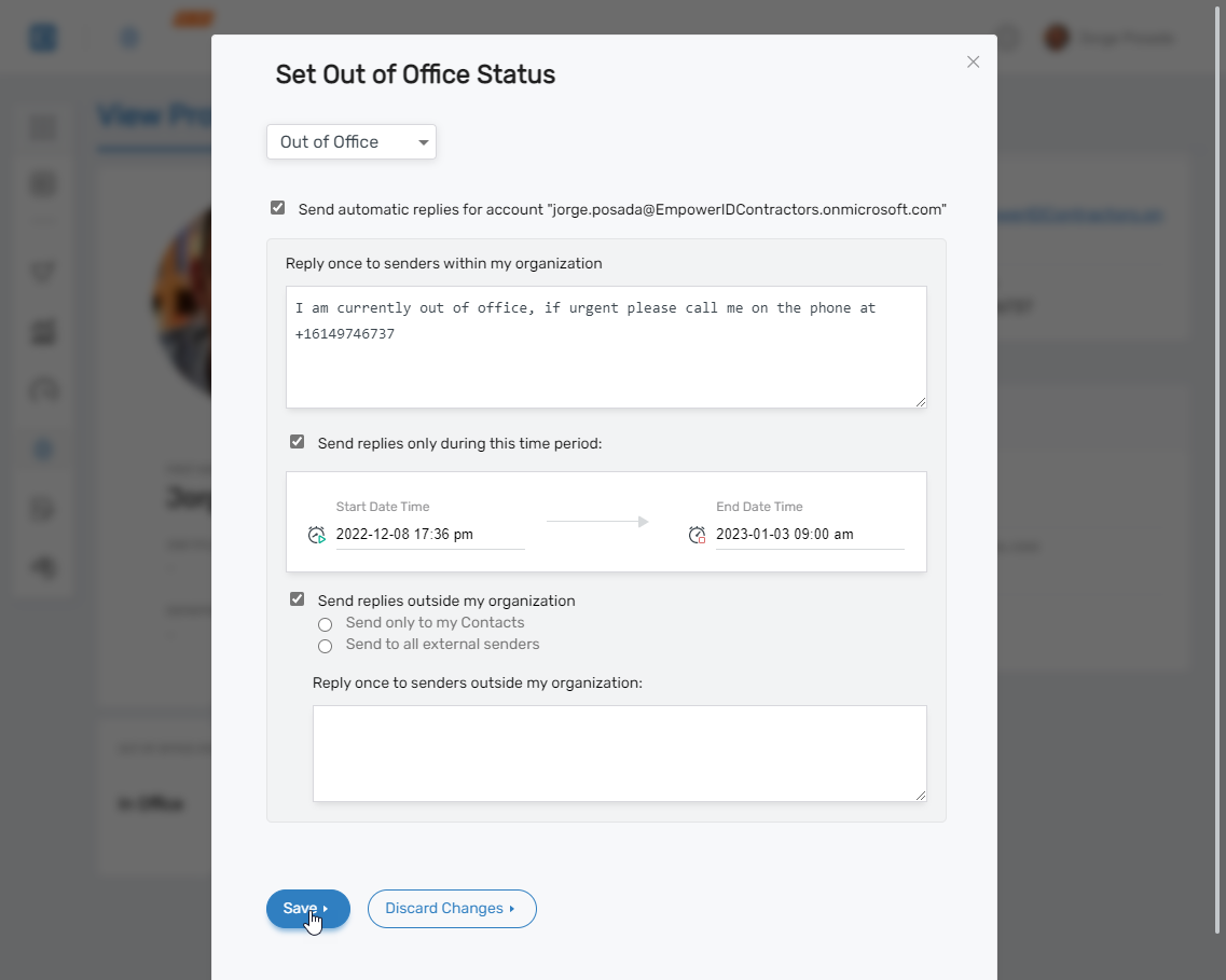 Save Out of Office Status
