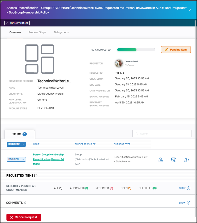 Business Request Details View