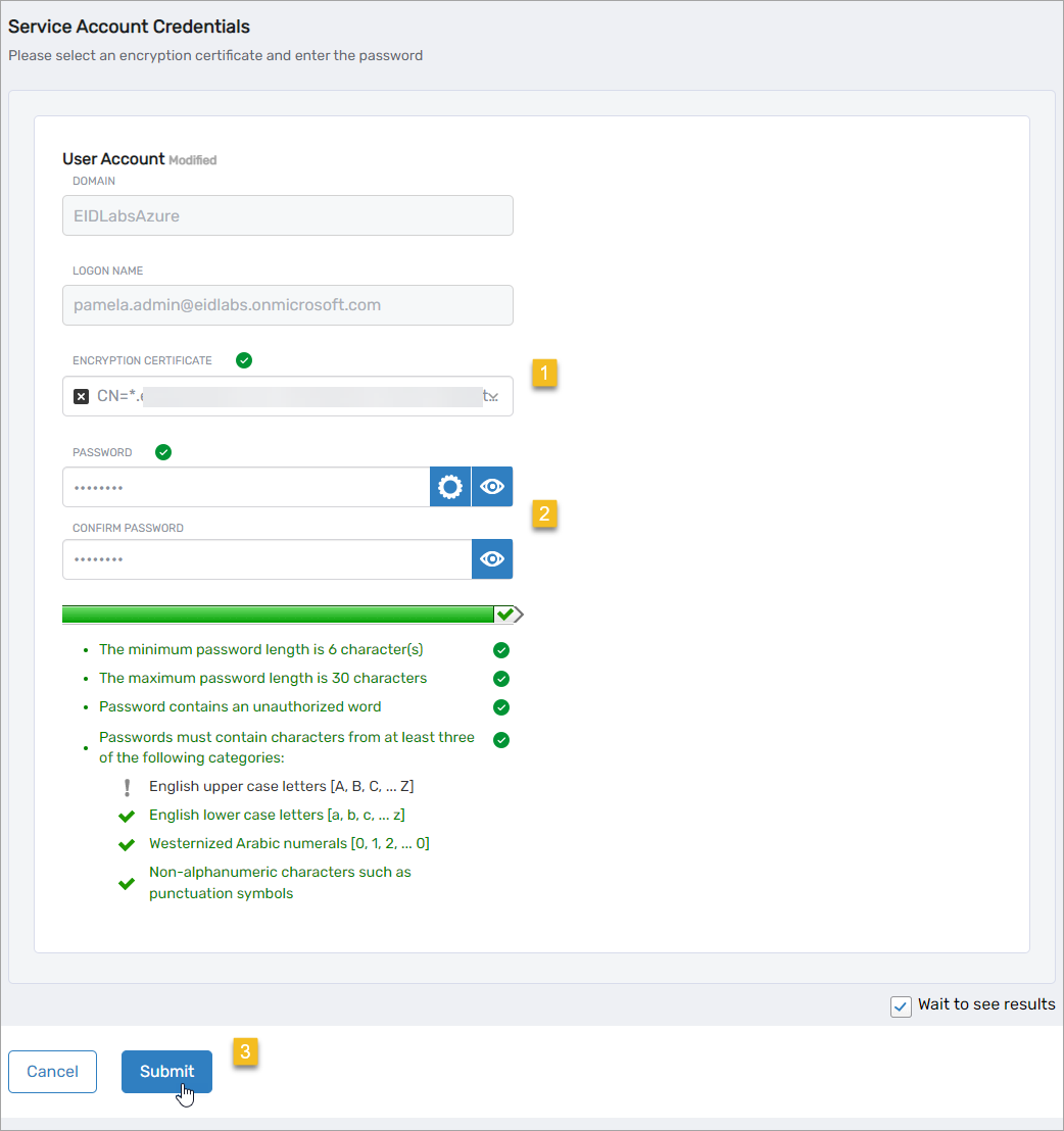Service Account Credentials form