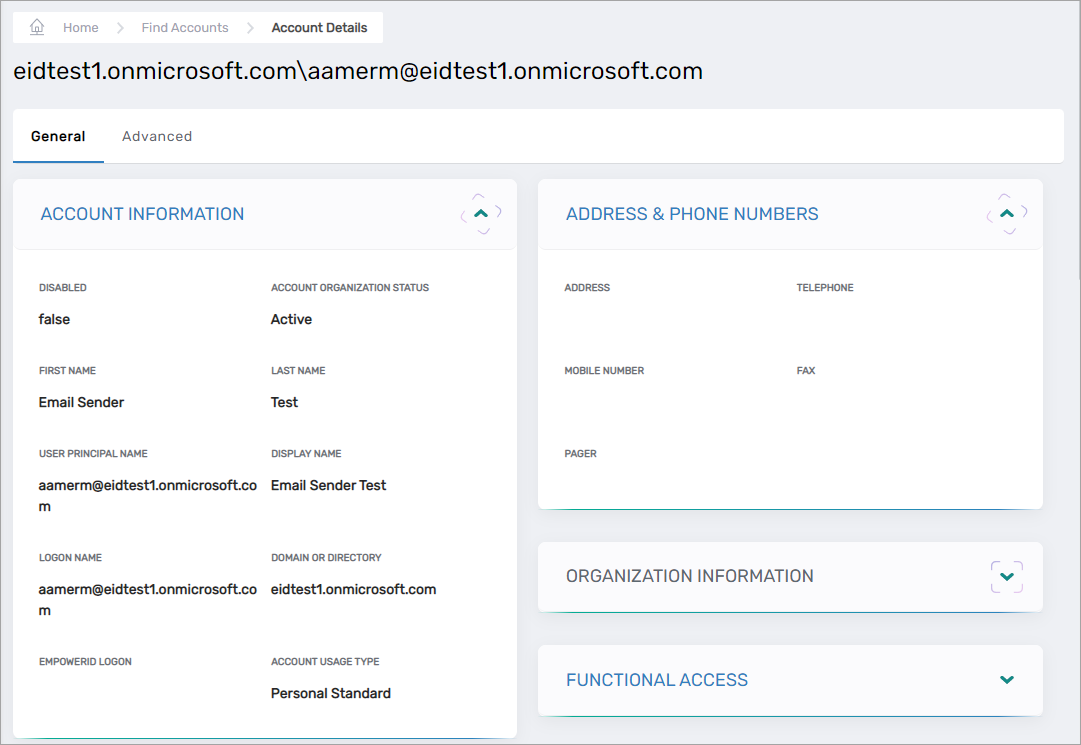 View One page for user account