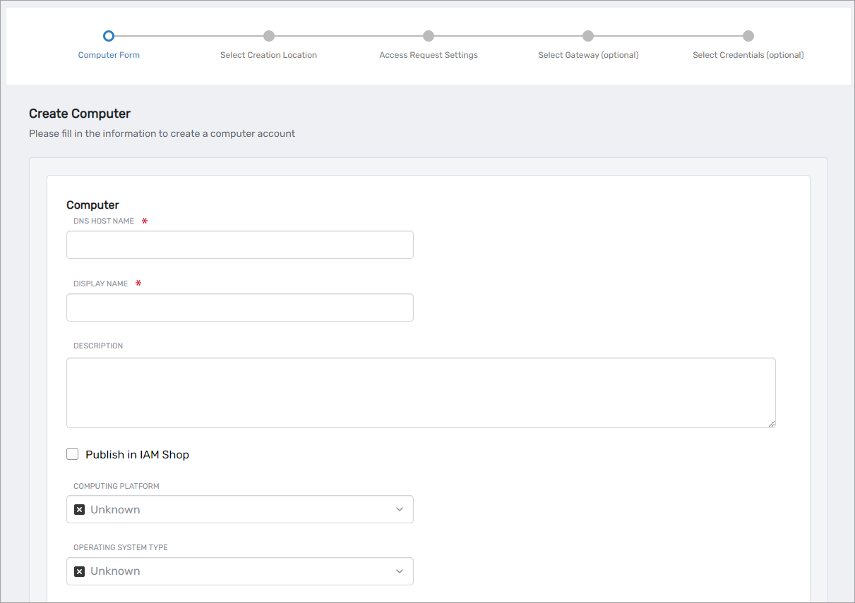 Onboard Computer wizard initial screen with computer configuration form