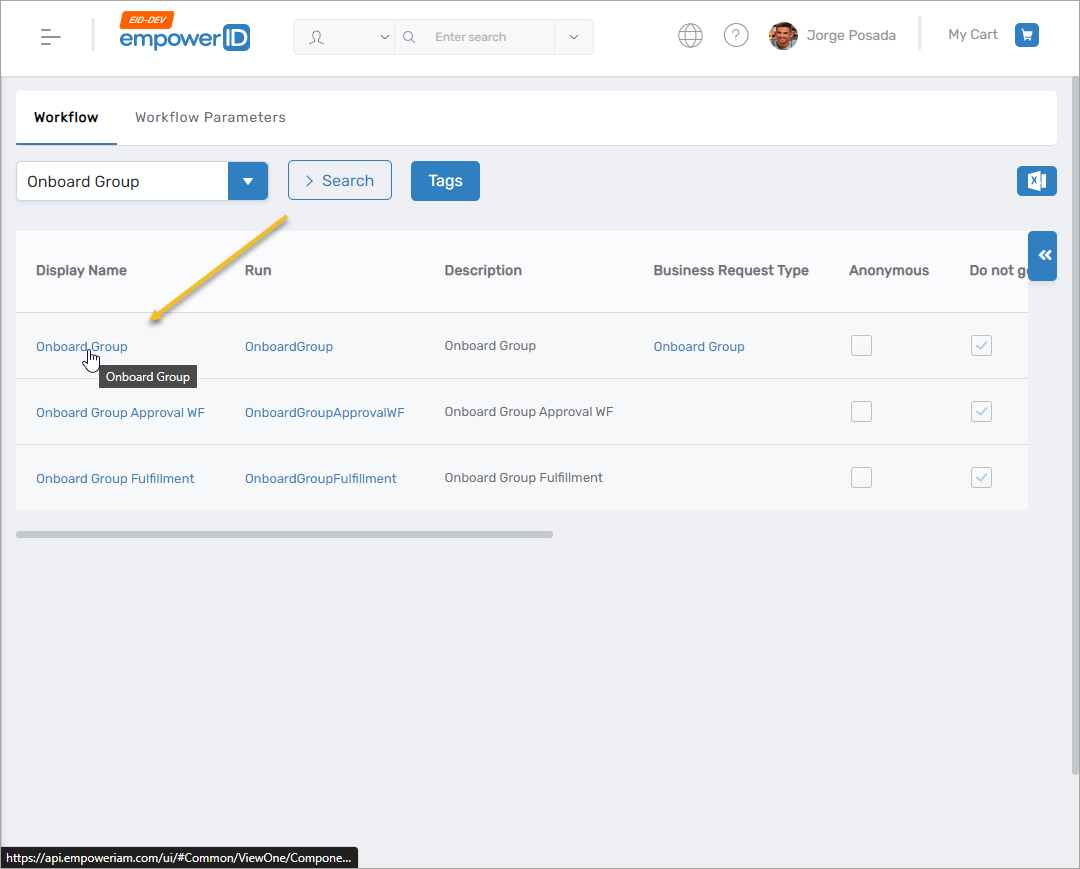 Onboard Group workflow in the workflow list