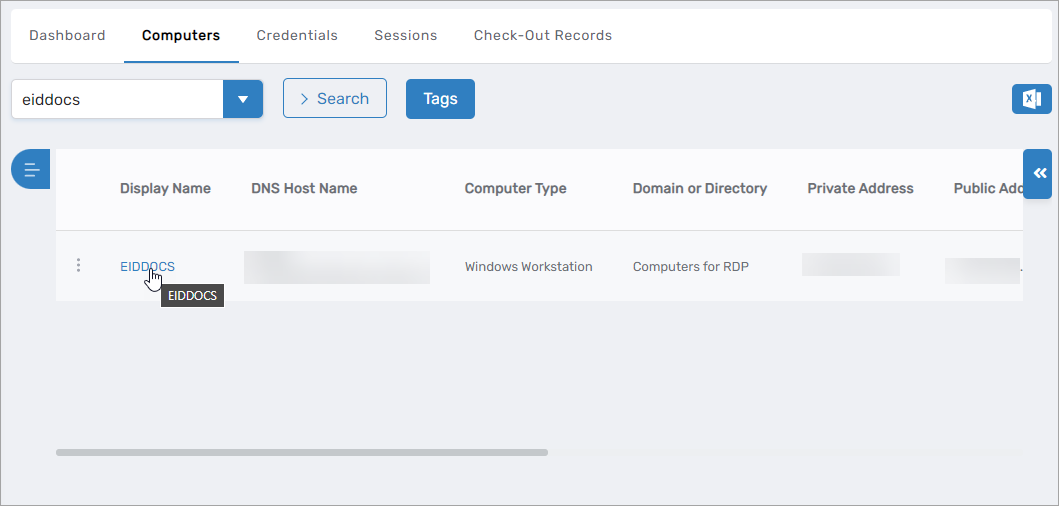 Computer search results showing Display Name link