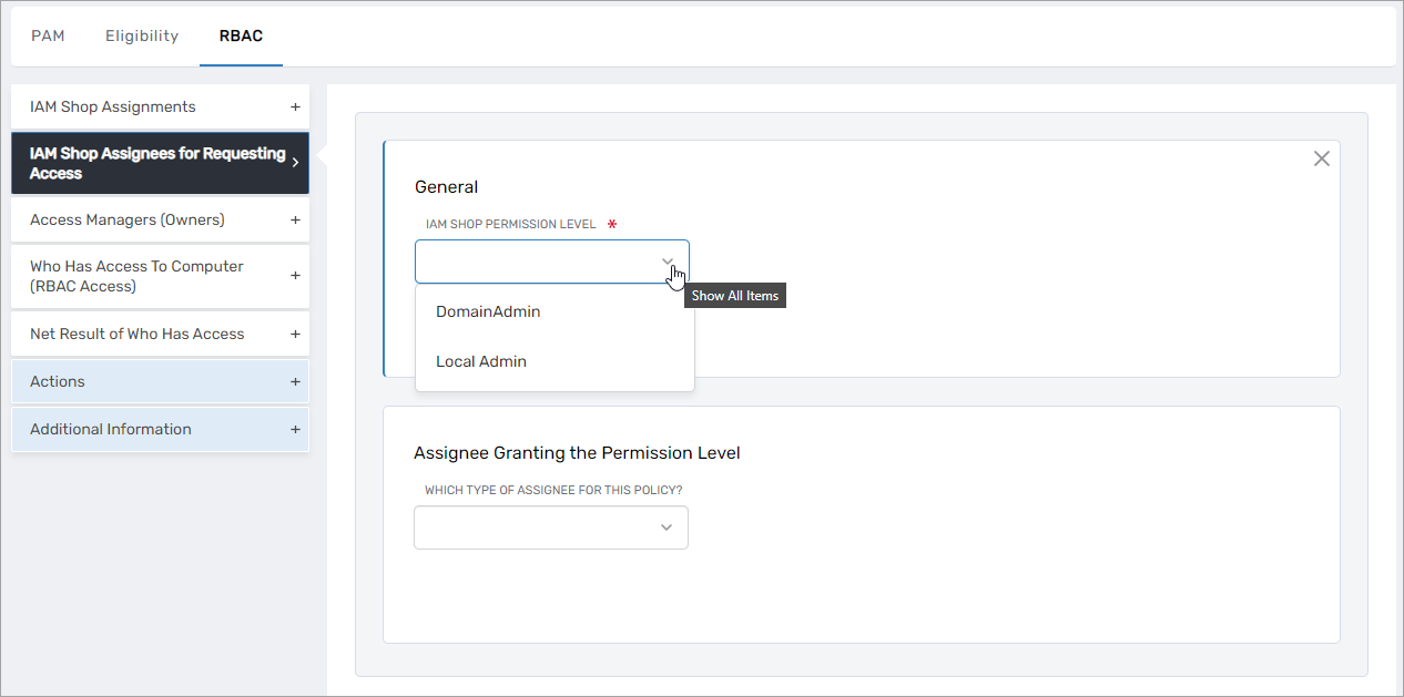 IAM Shop Permission Level dropdown selection under General settings