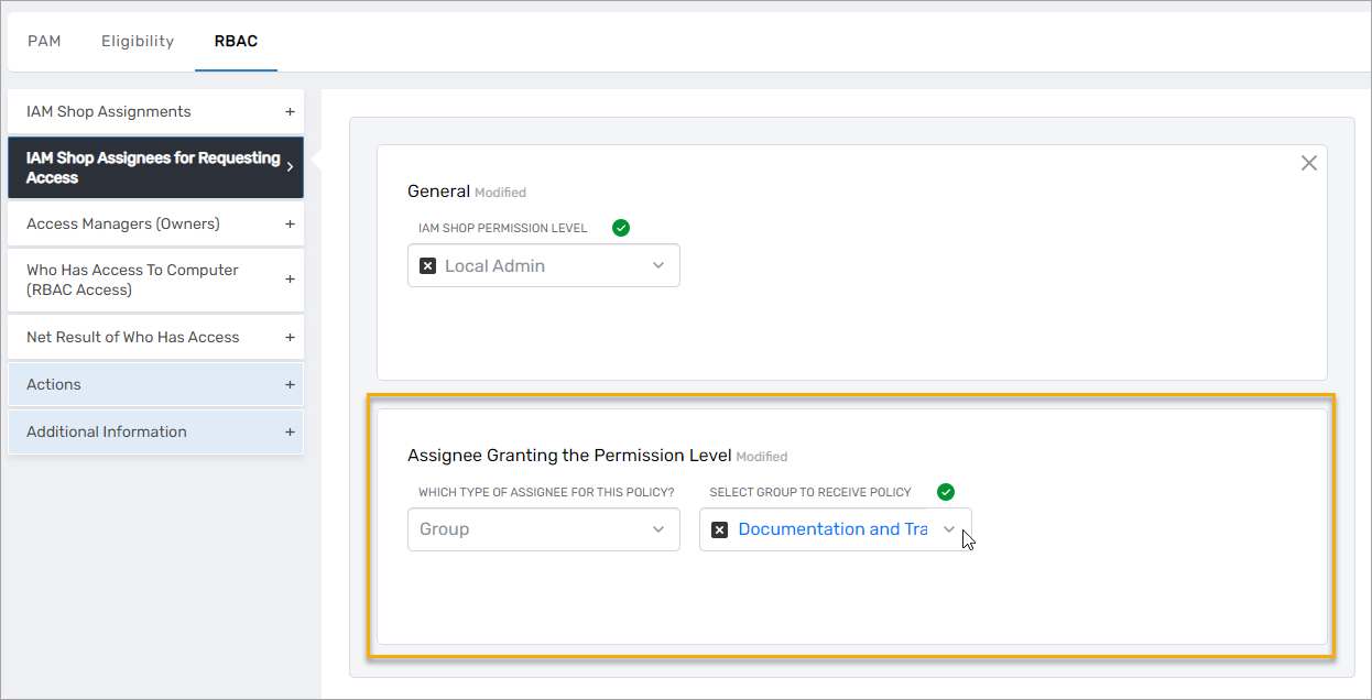 Assignee type and policy selection dropdowns under Assignee Granting the Permission Level
