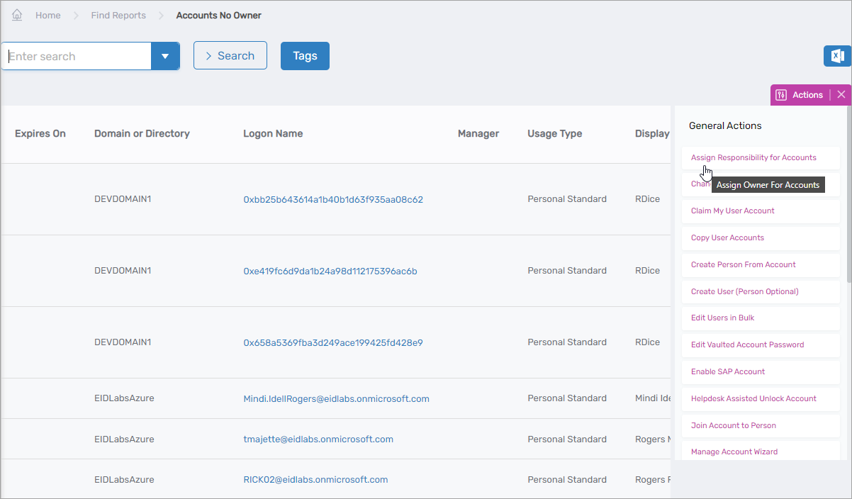 Assign Responsibility for Accounts action