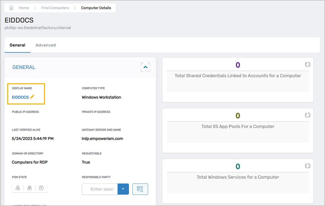 Display Name link on the computer View page