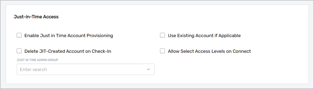 Just-in-Time Access section with configuration settings for account provisioning